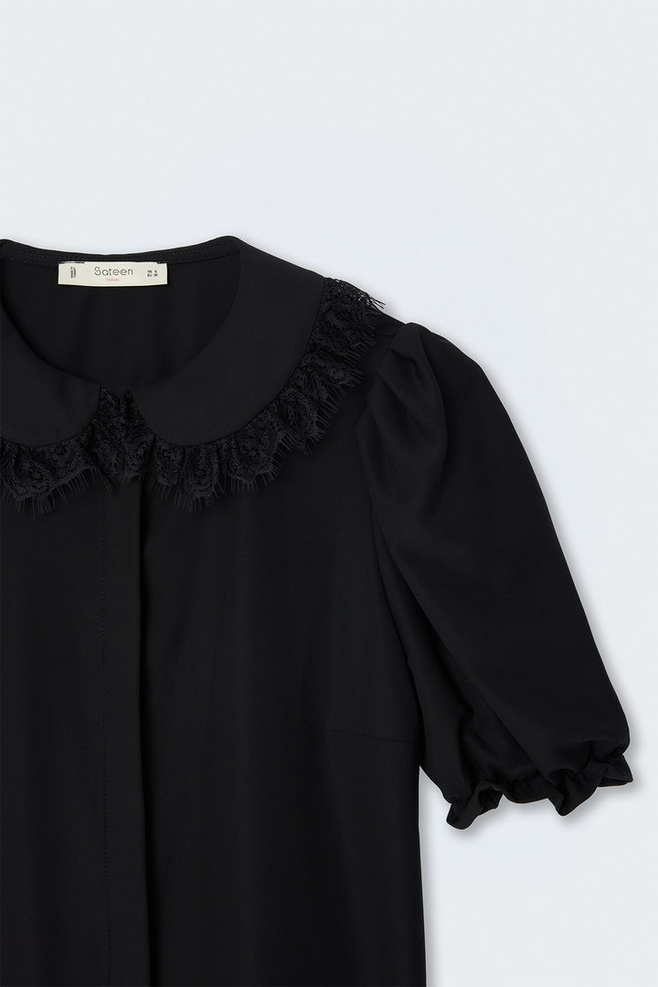 Sateen Chemise à Détail Col - Noir
