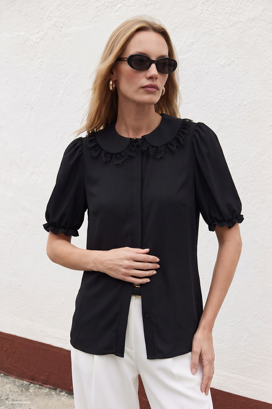 Sateen Chemise à Détail Col - Noir