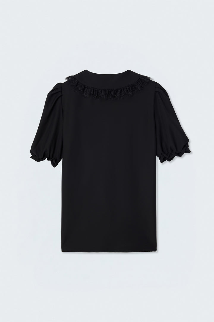 Sateen Chemise à Détail Col - Noir