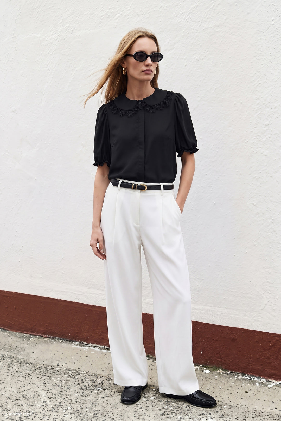 Sateen Chemise à Détail Col - Noir
