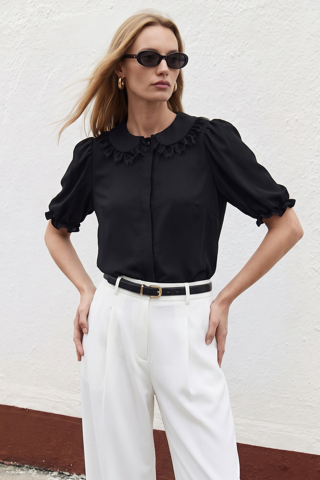 Sateen Chemise à Détail Col - Noir