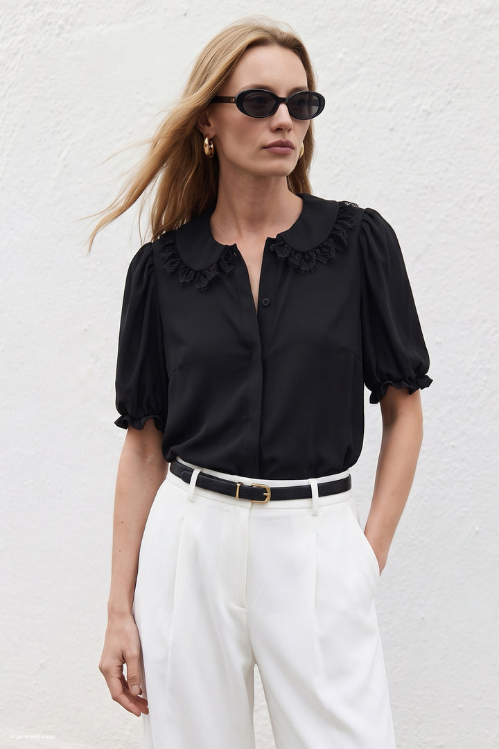 Sateen Chemise à Détail Col - Noir