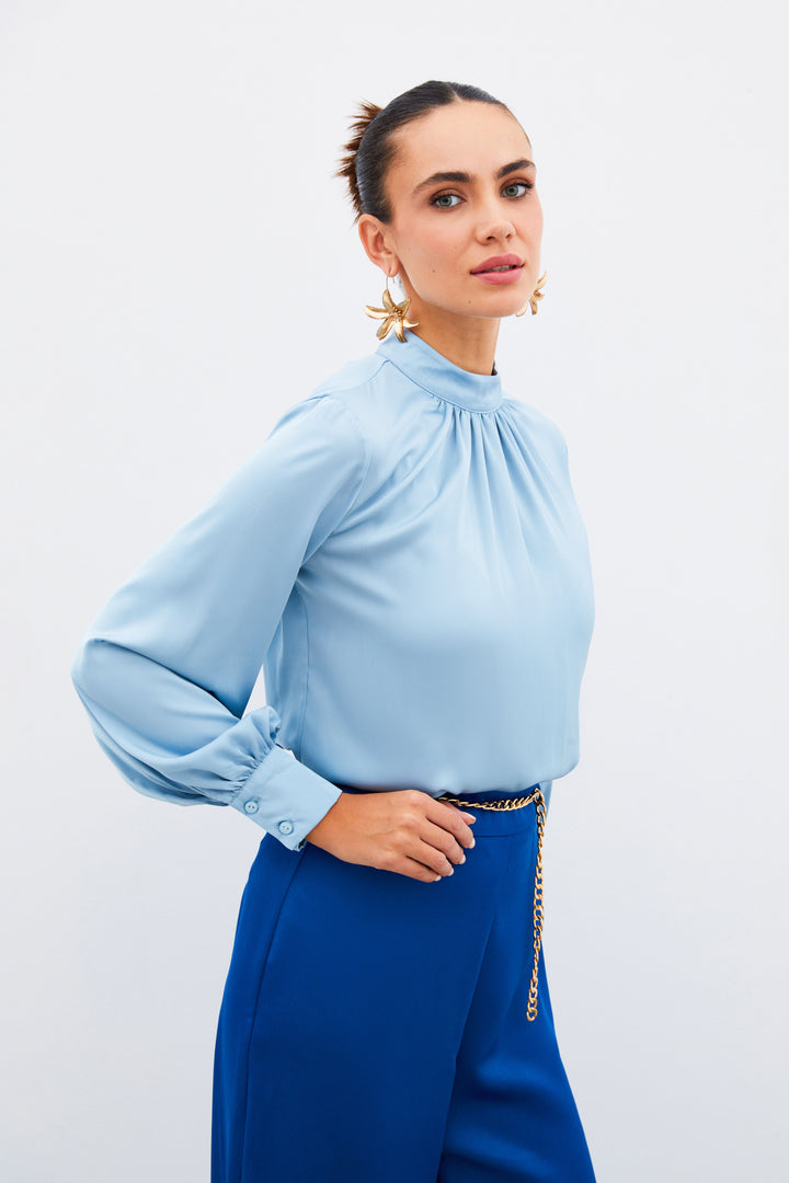 Sateen Blouse en satin avec détail col - bebe Bleu