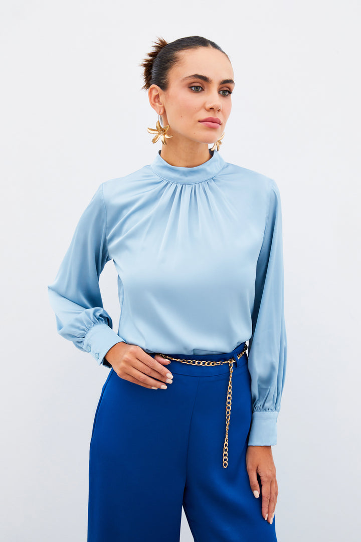 Sateen Blouse en satin avec détail col - bebe Bleu