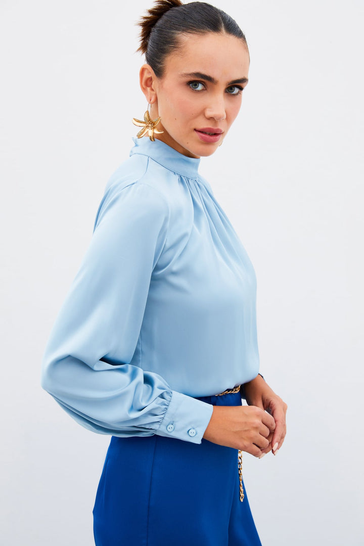 Sateen Blouse en satin avec détail col - bebe Bleu