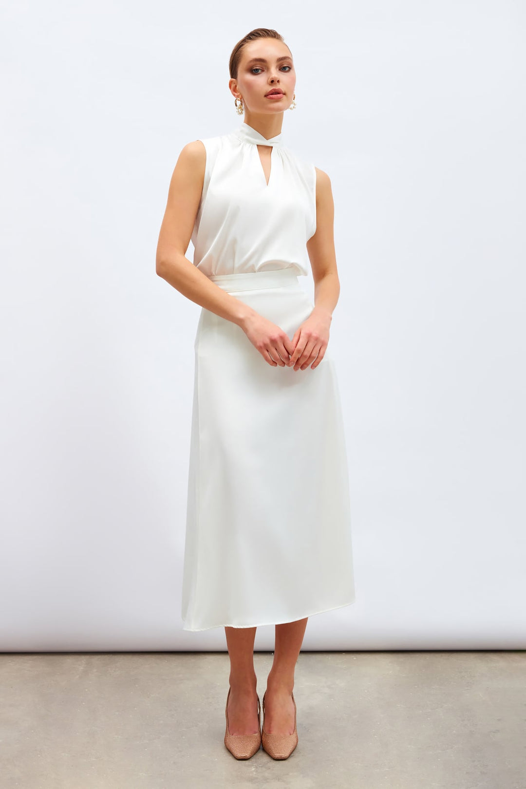 Sateen Blouse Satin avec Détail de Col - Écru