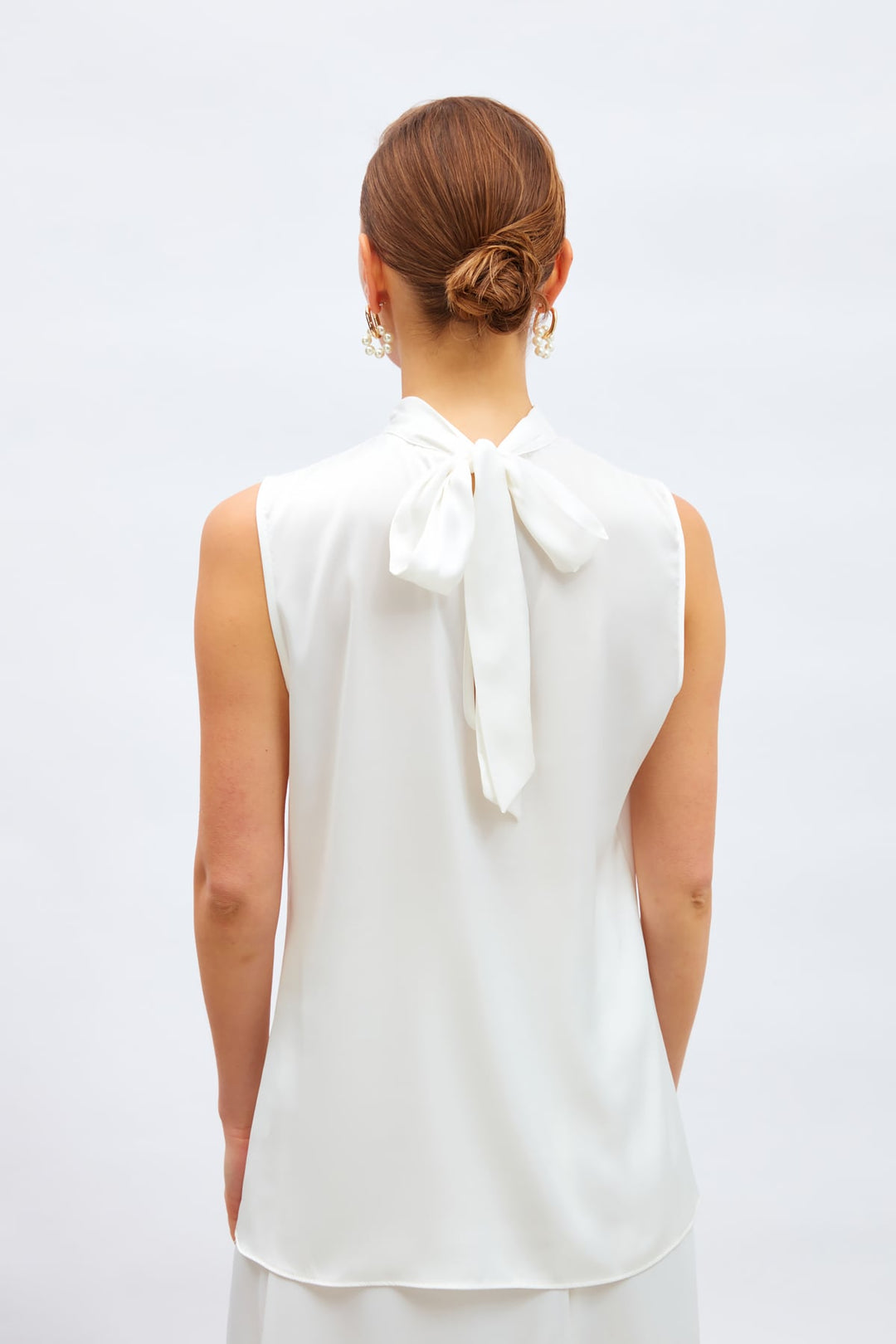 Sateen Blouse Satin avec Détail de Col - Écru