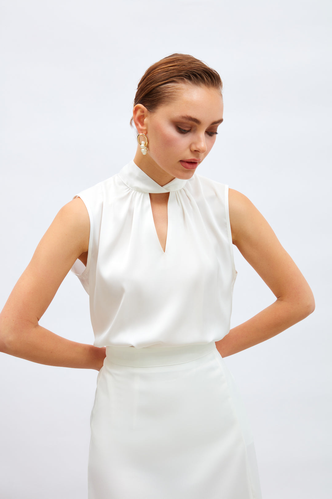 Sateen Blouse Satin avec Détail de Col - Écru
