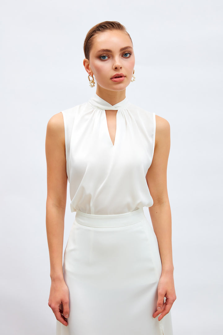 Sateen Blouse Satin avec Détail de Col - Écru