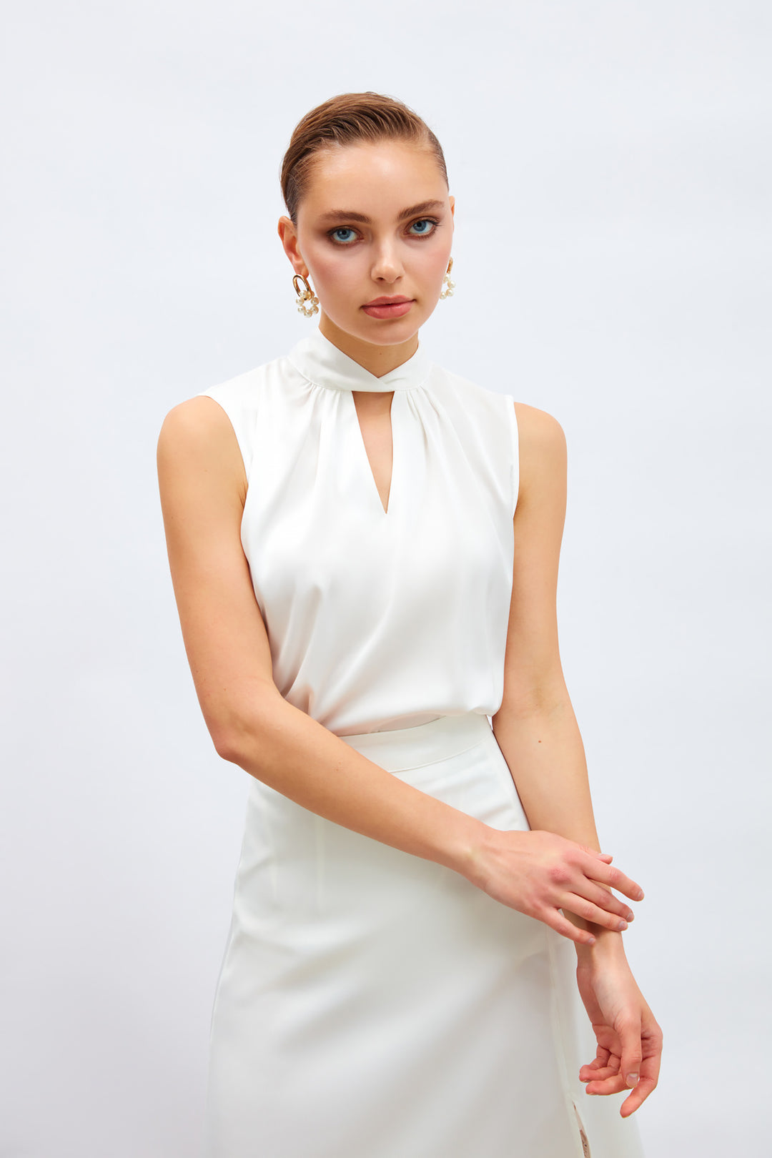 Sateen Blouse Satin avec Détail de Col - Écru