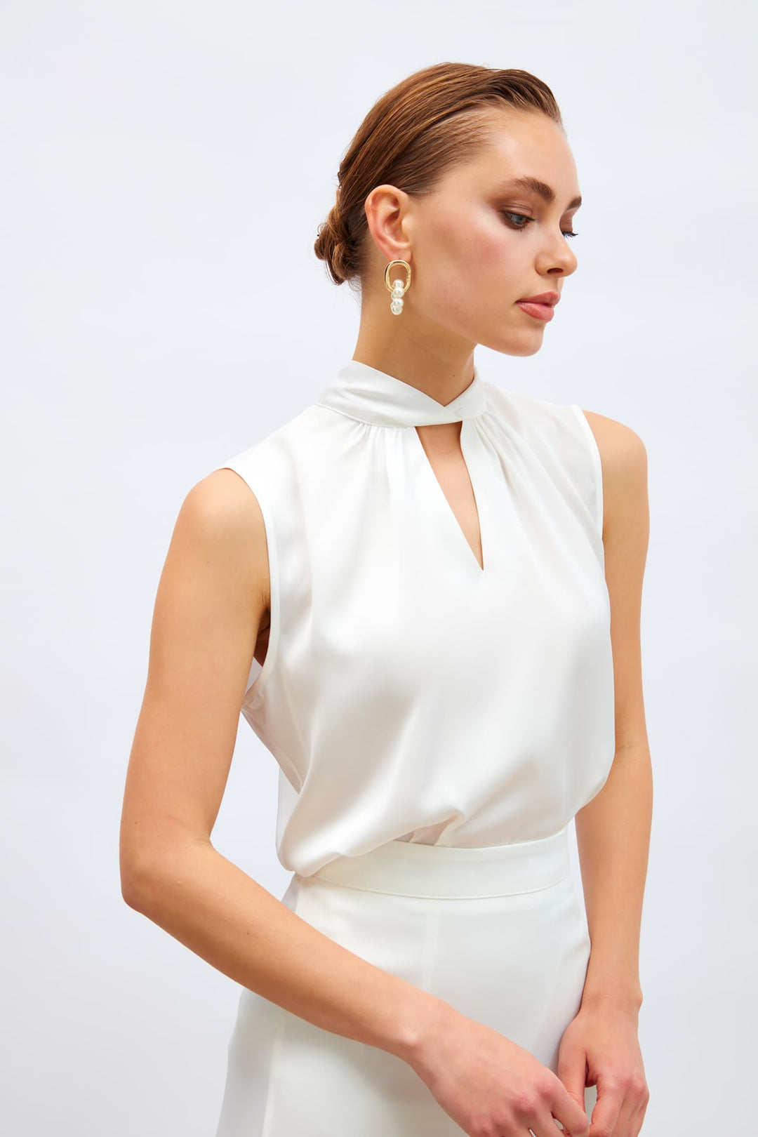 Sateen Blouse Satin avec Détail de Col - Écru