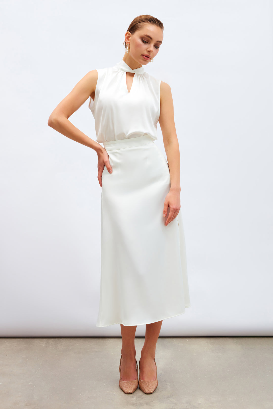 Sateen Blouse Satin avec Détail de Col - Écru