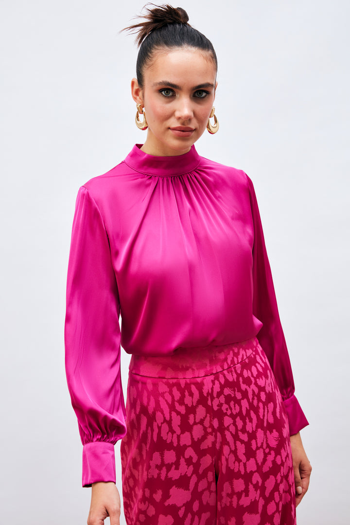 Sateen Blouse Satin Col Détail - Fuchsia