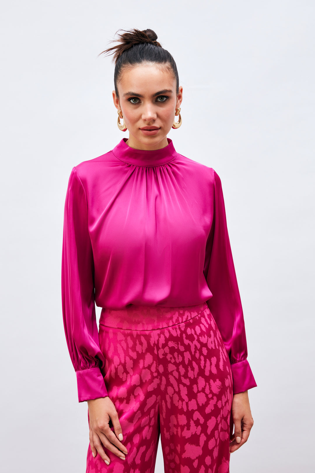 Sateen Blouse Satin Col Détail - Fuchsia