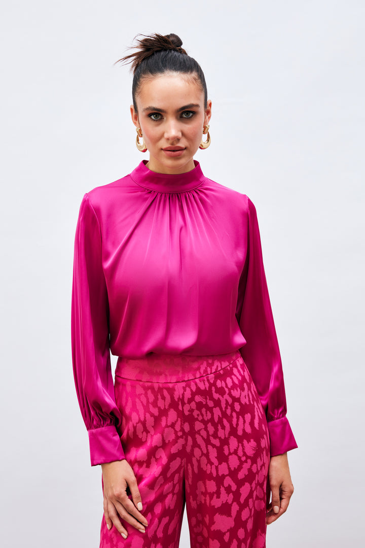 Sateen Blouse Satin Col Détail - Fuchsia