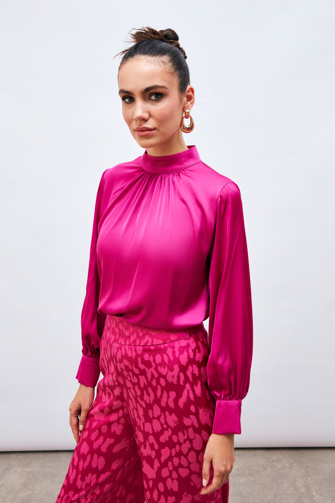 Sateen Blouse Satin Col Détail - Fuchsia