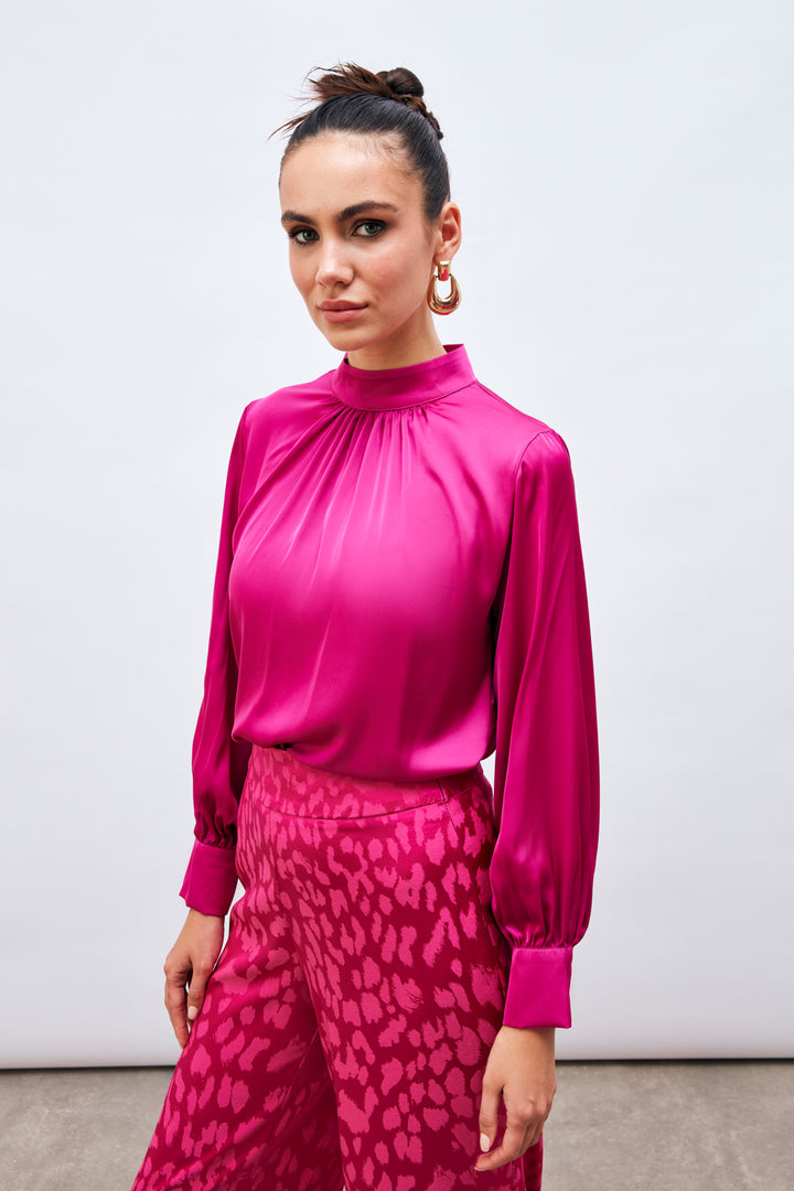 Sateen Blouse Satin Col Détail - Fuchsia