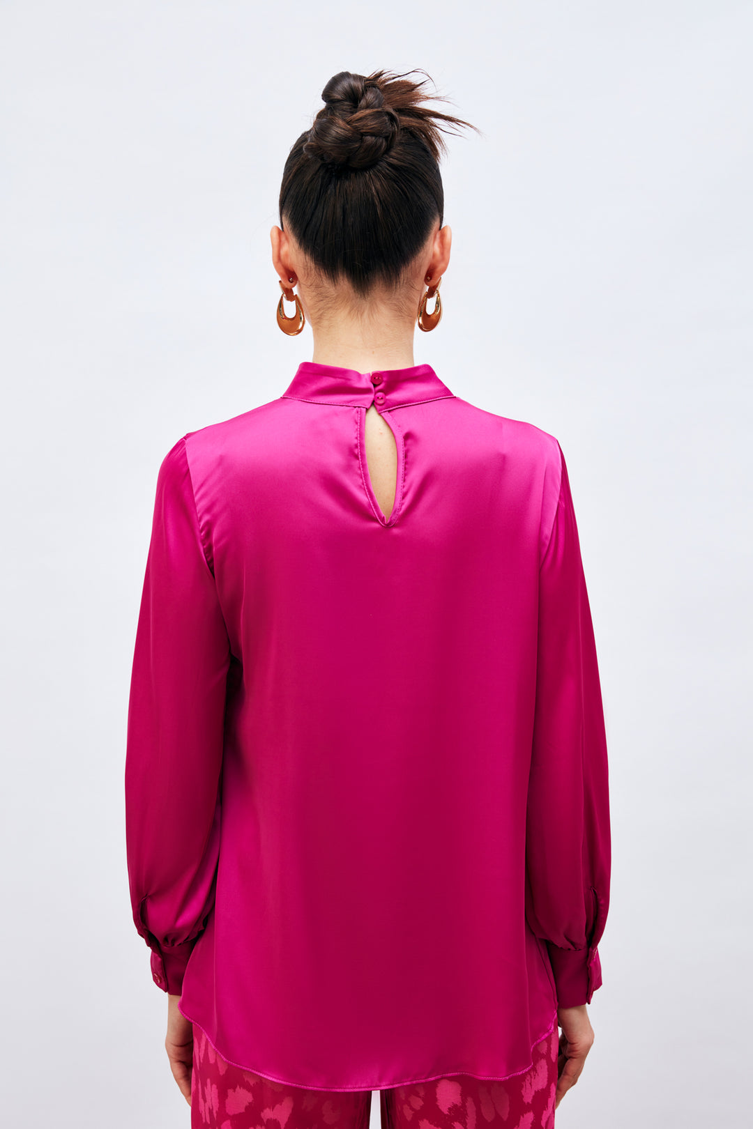 Sateen Blouse Satin Col Détail - Fuchsia