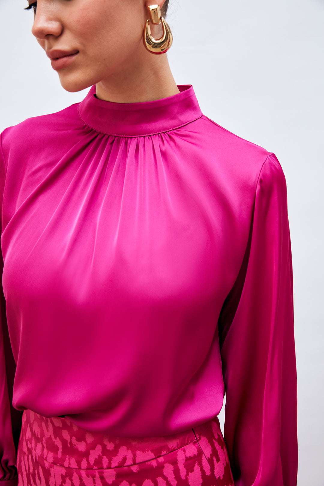 Sateen Blouse Satin Col Détail - Fuchsia