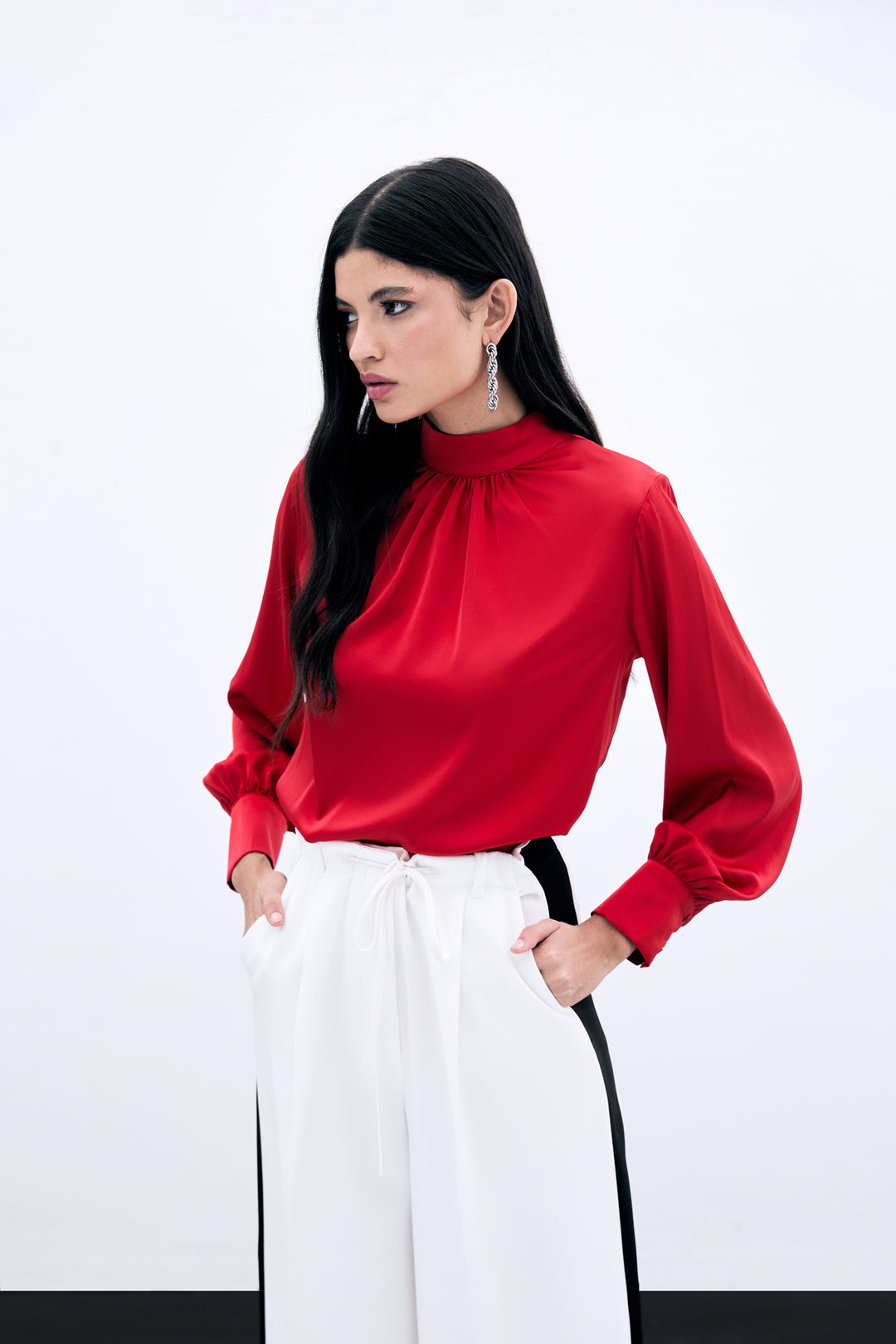 Sateen Blouse Satin Col Détail - Rouge