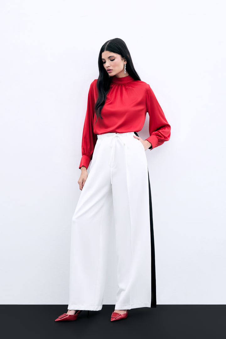 Sateen Blouse Satin Col Détail - Rouge