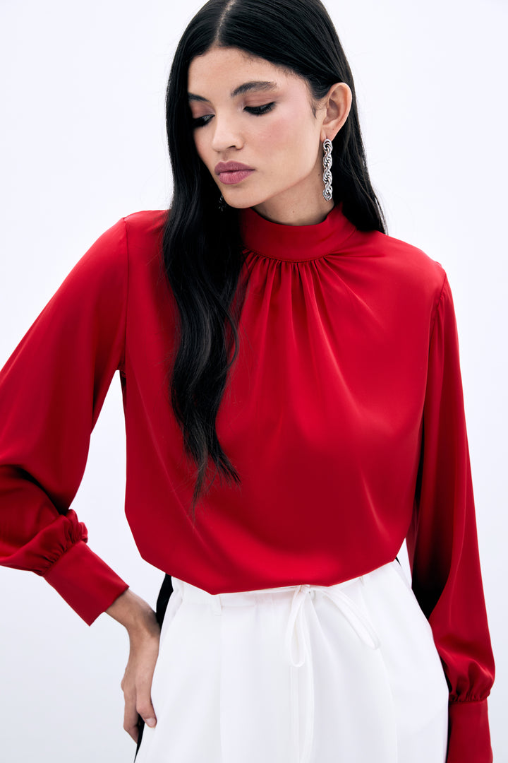 Sateen Blouse Satin Col Détail - Rouge