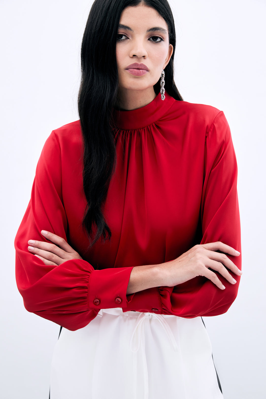 Sateen Blouse Satin Col Détail - Rouge