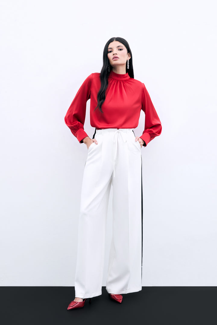 Sateen Blouse Satin Col Détail - Rouge
