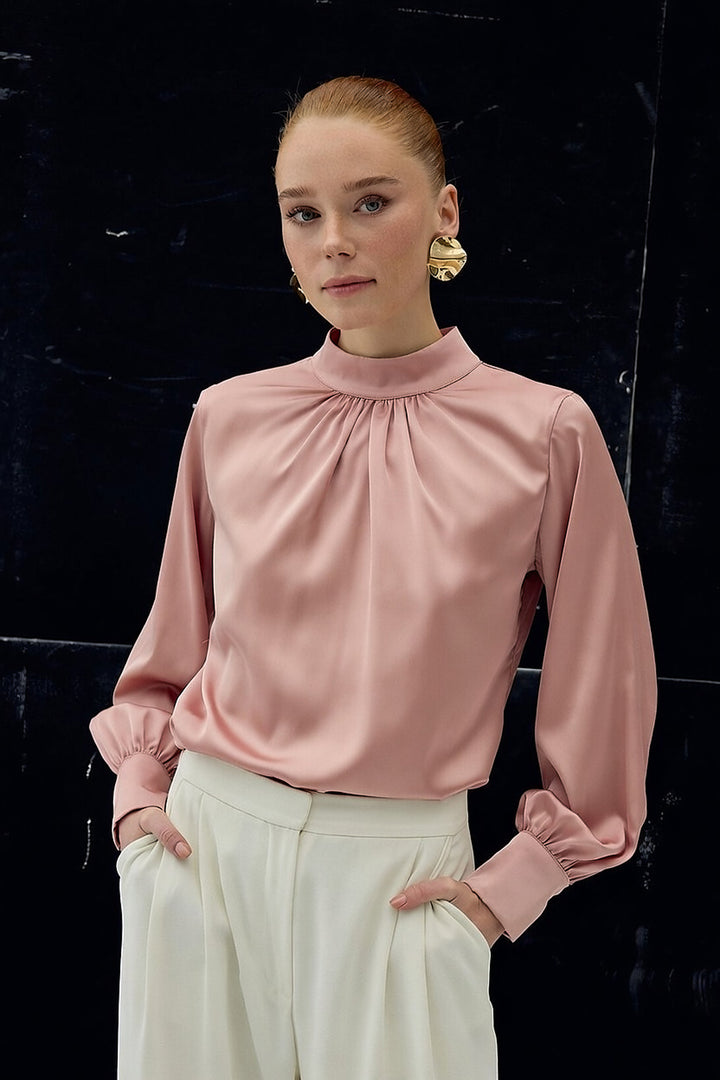 Sateen Blouse en satin avec détail de col - Rose