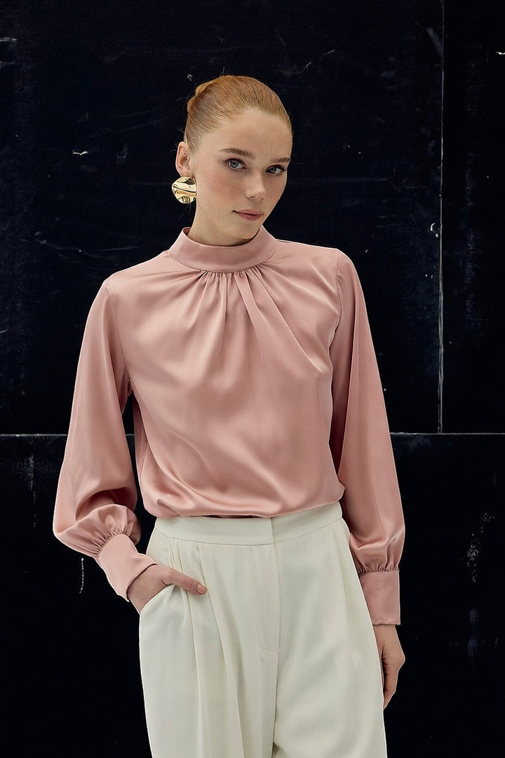 Sateen Blouse en satin avec détail de col - Rose
