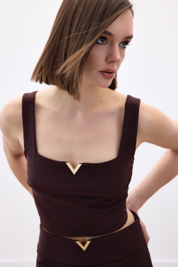 Sateen Blouse avec accessoire doré au col - Marron