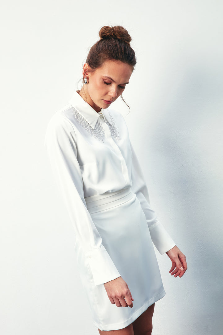 Sateen Chemise Transparente avec Accessoire - Écru