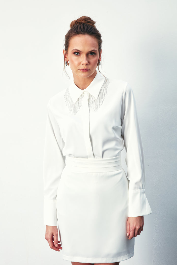 Sateen Chemise Transparente avec Accessoire - Écru