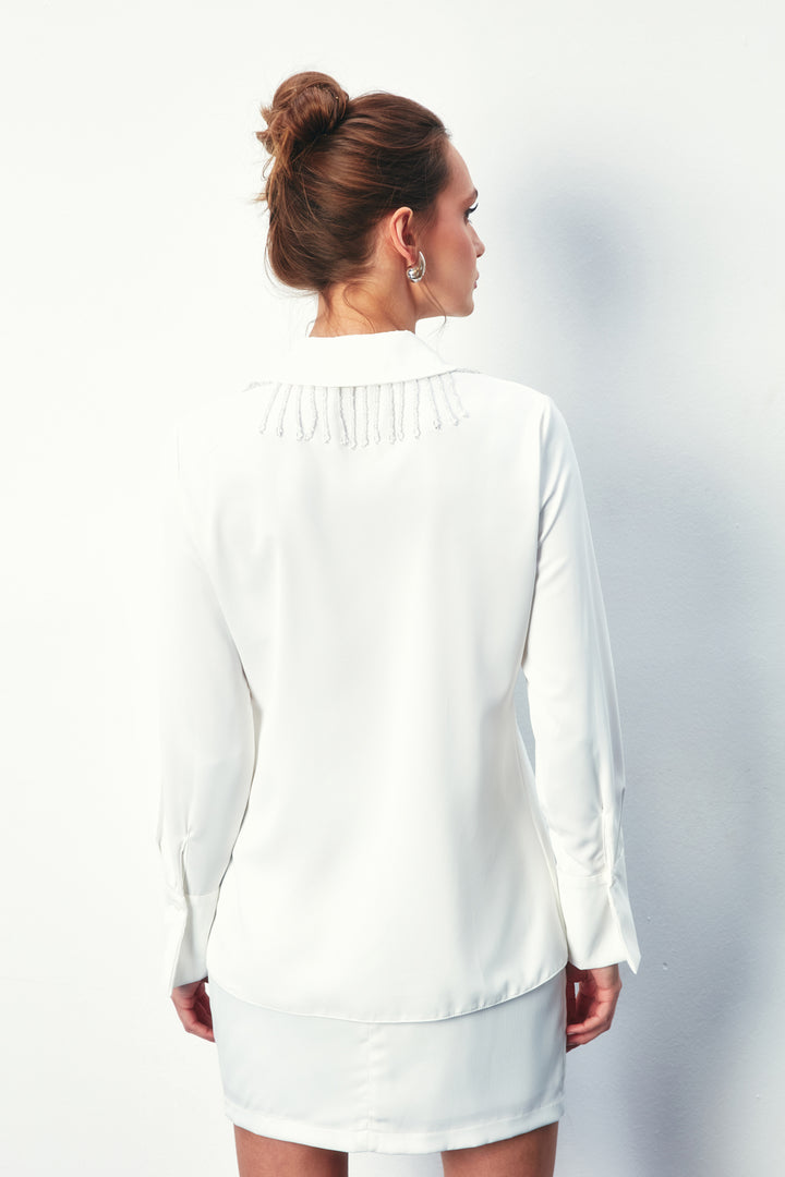 Sateen Chemise Transparente avec Accessoire - Écru