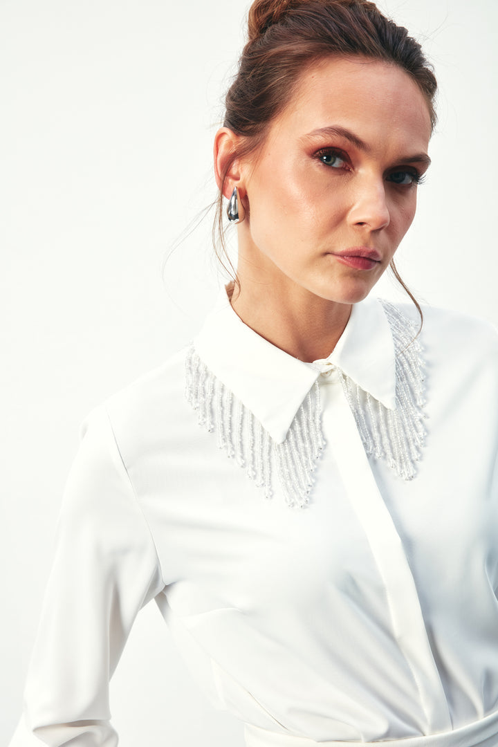 Sateen Chemise Transparente avec Accessoire - Écru