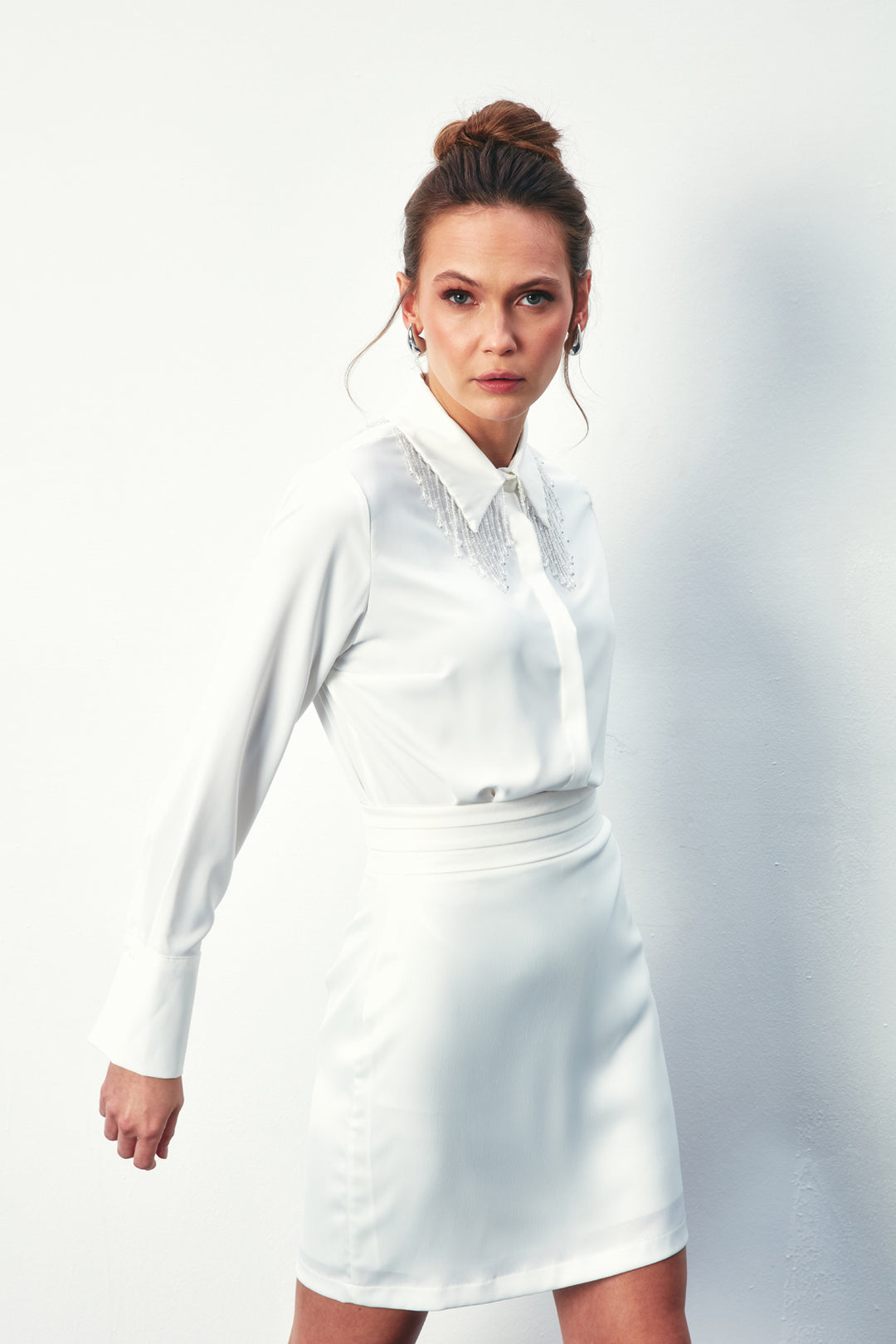Sateen Chemise Transparente avec Accessoire - Écru