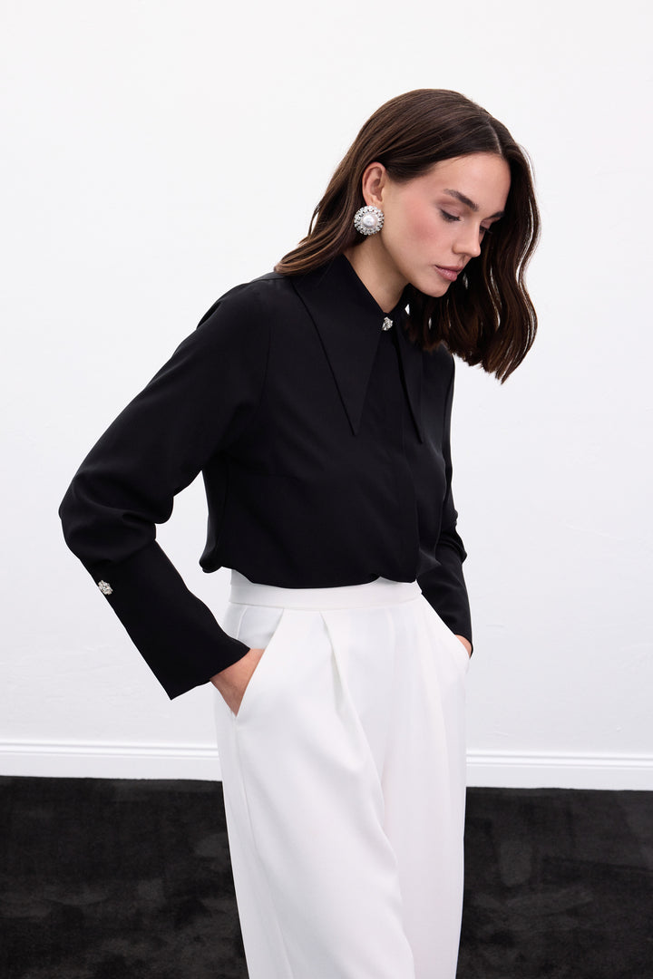 Sateen Chemise avec Accessoires au Col et aux Poignets - Noir