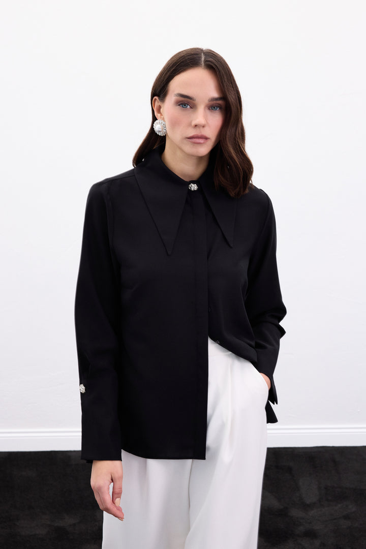 Sateen Chemise avec Accessoires au Col et aux Poignets - Noir