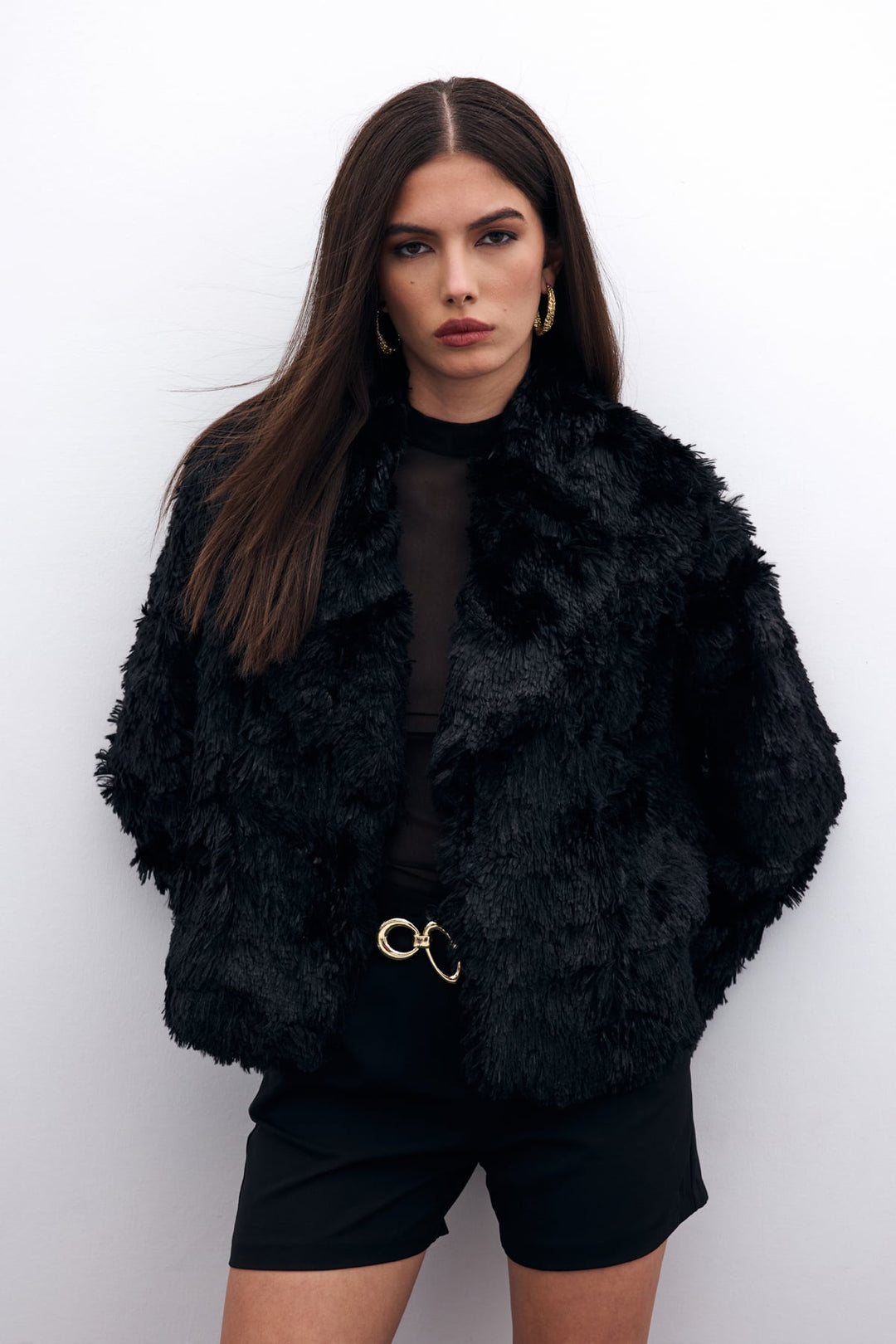 Sateen Veste en Peluche avec Col - Noir