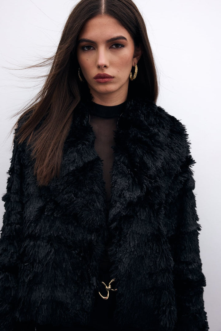 Sateen Veste en Peluche avec Col - Noir