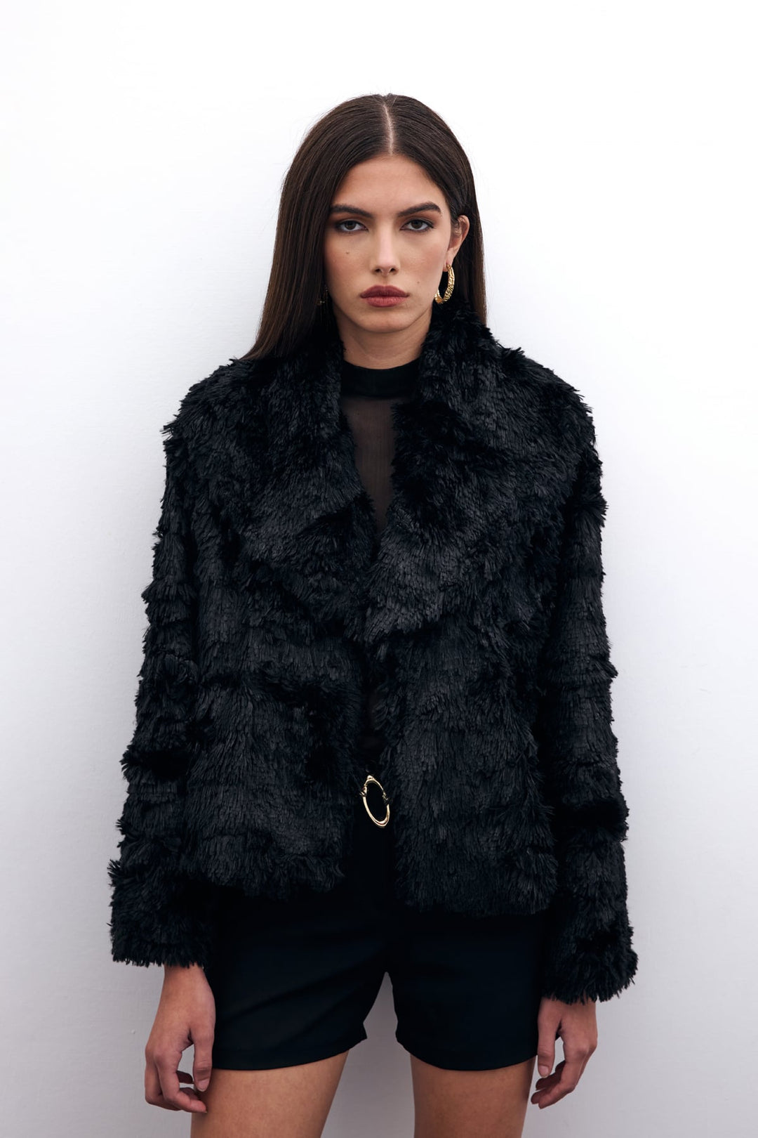 Sateen Veste en Peluche avec Col - Noir