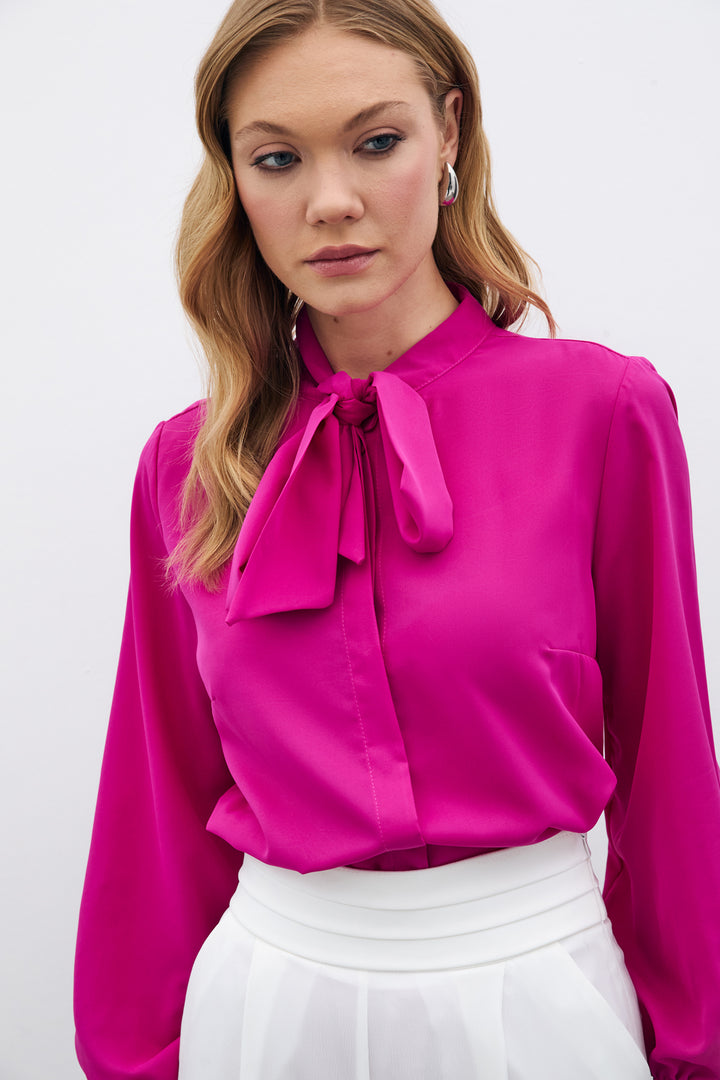 Sateen Chemise unie à col noué - Fuchsia