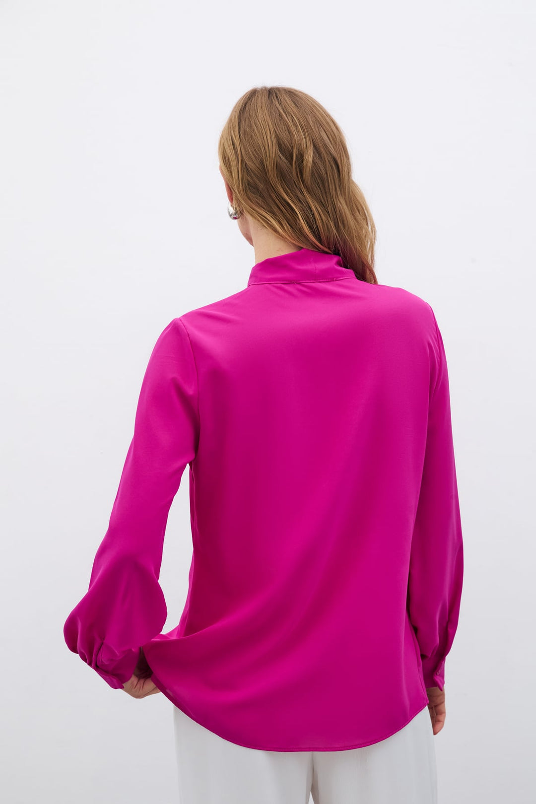 Sateen Chemise unie à col noué - Fuchsia