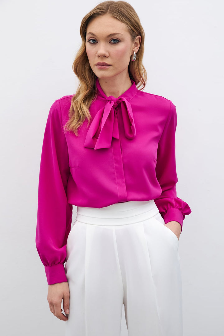 Sateen Chemise unie à col noué - Fuchsia