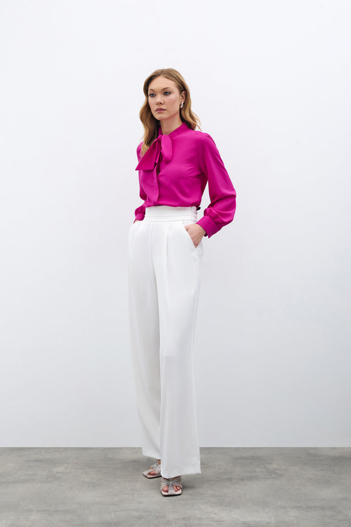 Sateen Chemise unie à col noué - Fuchsia