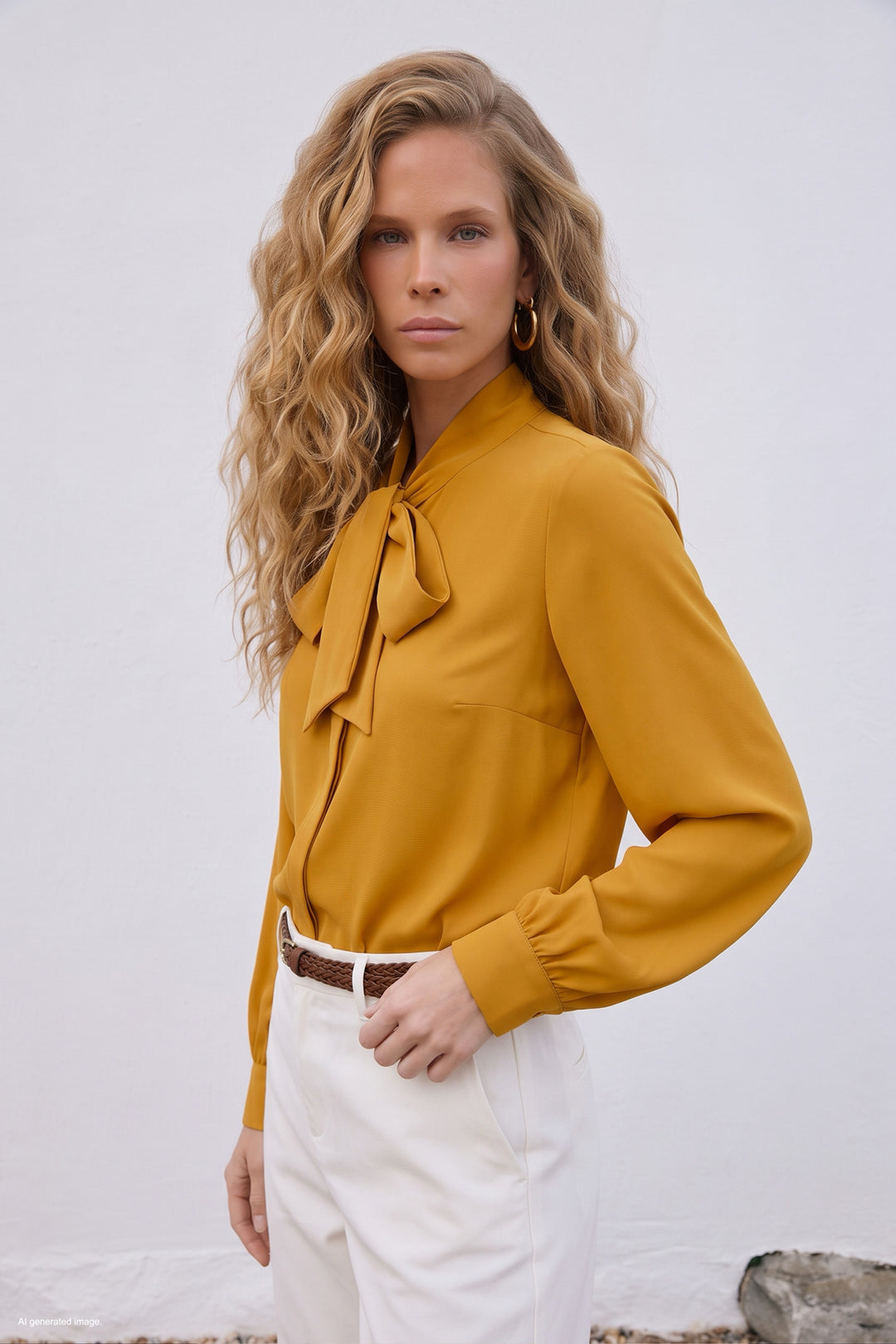 Sateen Chemise unie à col noué - Moutarde