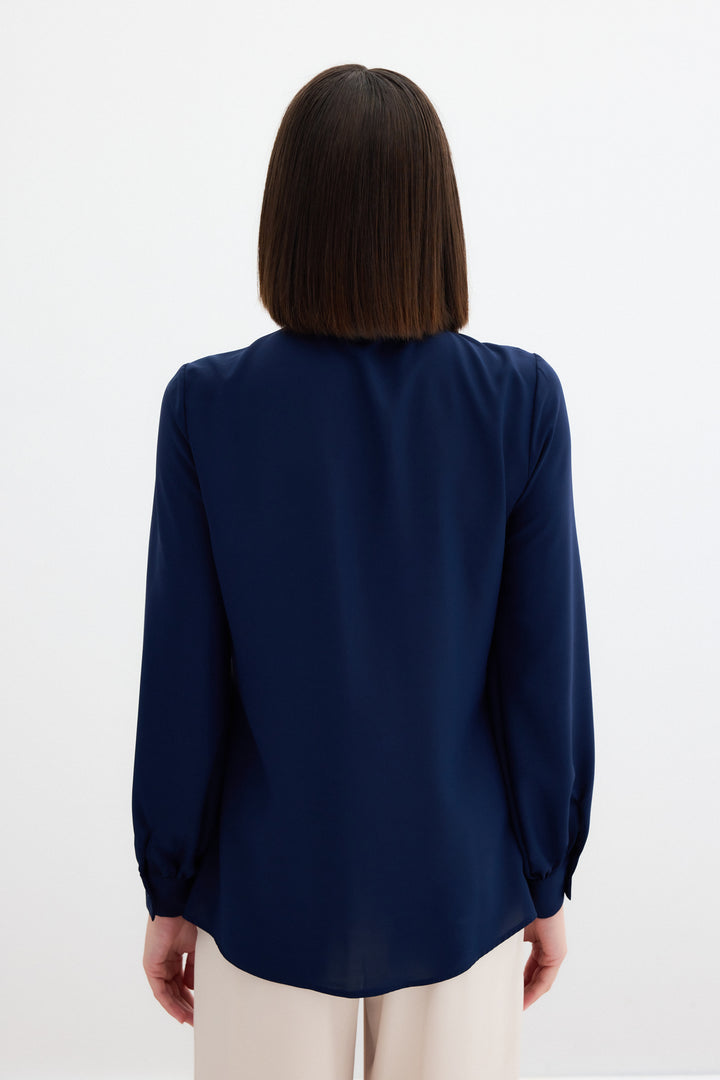 Sateen Chemise unie à col noué - Bleu marine