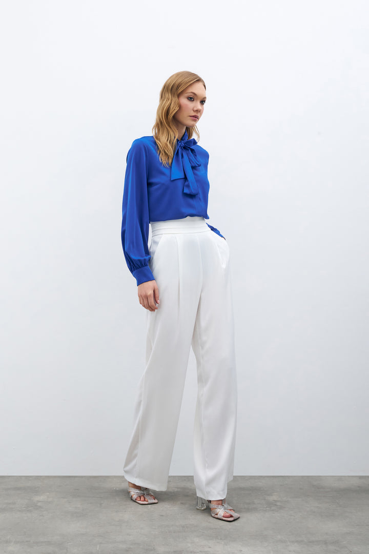 Sateen Chemise unie à col noué - sax Bleu