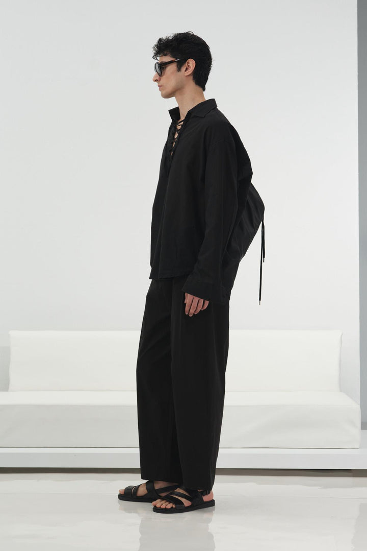 Giesto Chemise en voile noire à col avec cordon coupe décontractée - Noir