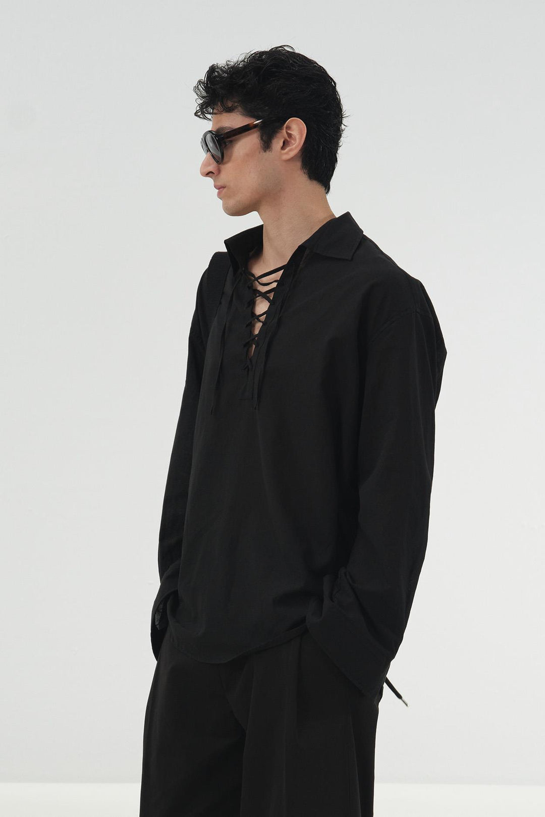 Giesto Chemise en voile noire à col avec cordon coupe décontractée - Noir